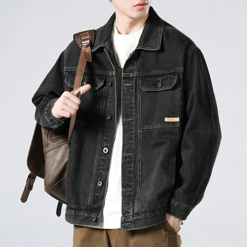 Men's Oversized Denim Trucker Jacket, Contrast-Wash Button Front