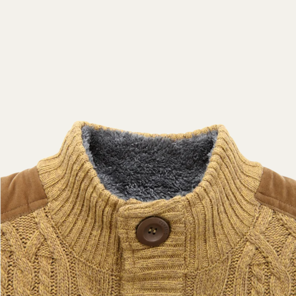 Men's Fleece-Lined Cable-Knit Cardigan, Stand-Collar Button-Through Jacket