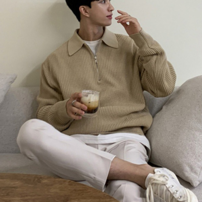 Men's Chunky Waffle-Knit Quarter-Zip, Oversized Fold-Down Collar Pullover
