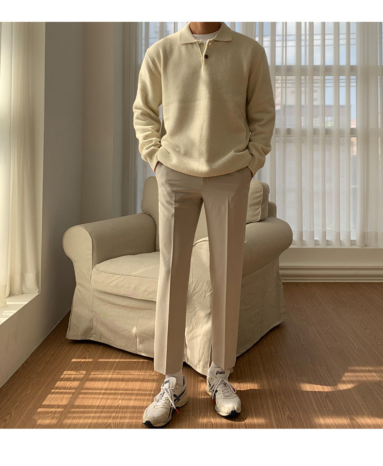 Men's Brushed-Knit Polo Sweater, Wide-Collar Relaxed Pullover