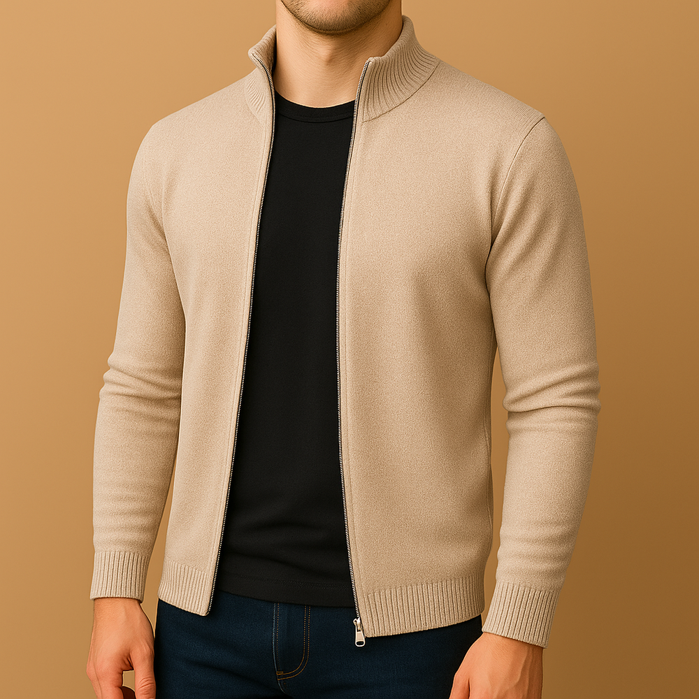 Men's Flat-Knit Zip-Through Cardigan, Stand Collar and Slim Body