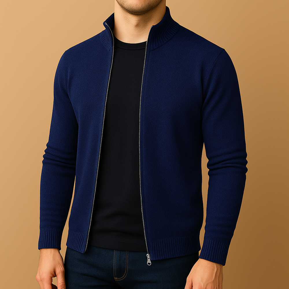 Men's Flat-Knit Zip-Through Cardigan, Stand Collar and Slim Body