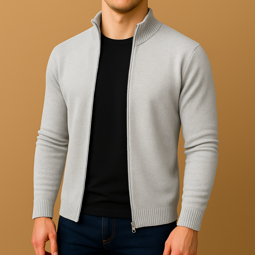 Men's Flat-Knit Zip-Through Cardigan, Stand Collar and Slim Body