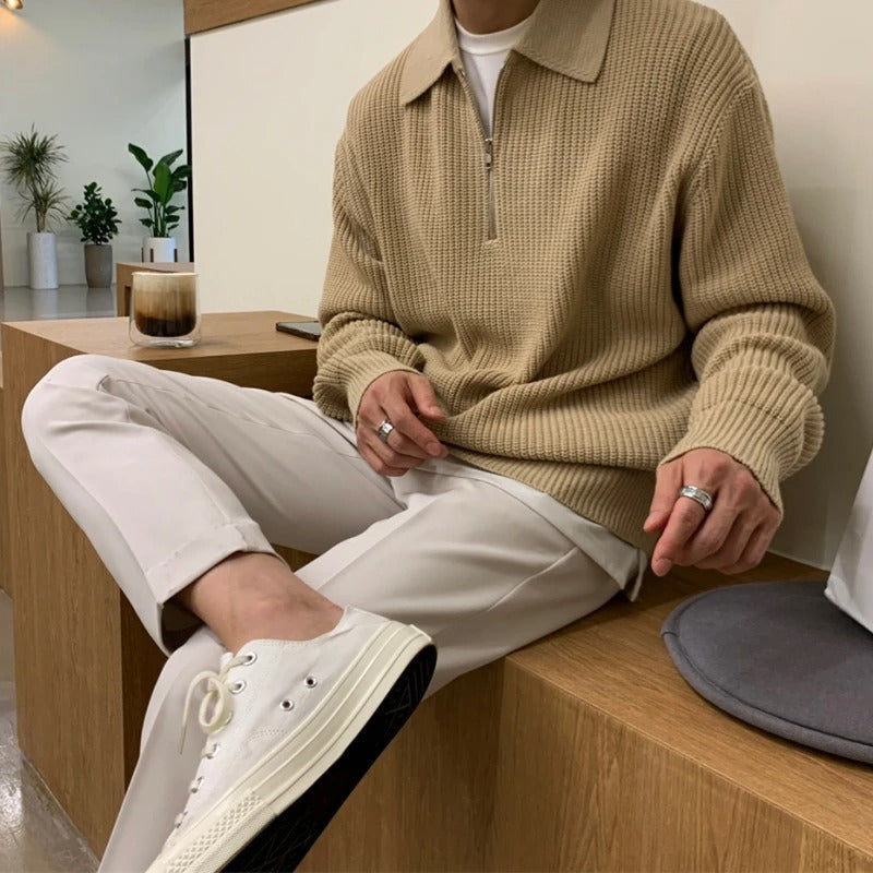 Men's Waffle-Knit Zip-Neck Sweater, Oversized Collared Pullover