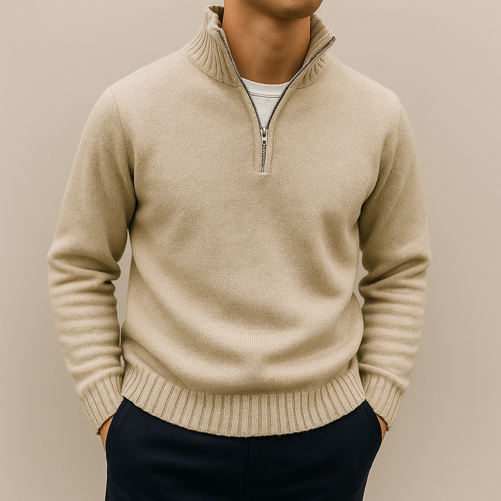 Men's Narrow-Rib Quarter-Zip Pullover, Short Stand-Collar Knit