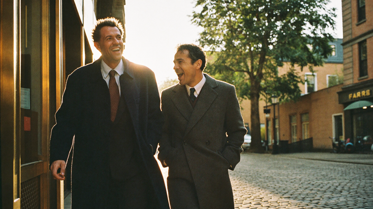 Two men in overcoats walking and talking on a sunlit cobbled street at golden hour