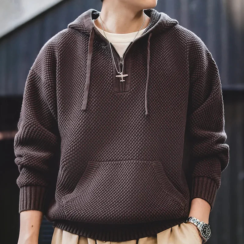 Men's Waffle-Knit Half-Zip Hoodie, Drawstring Pouch-Pocket Sweater