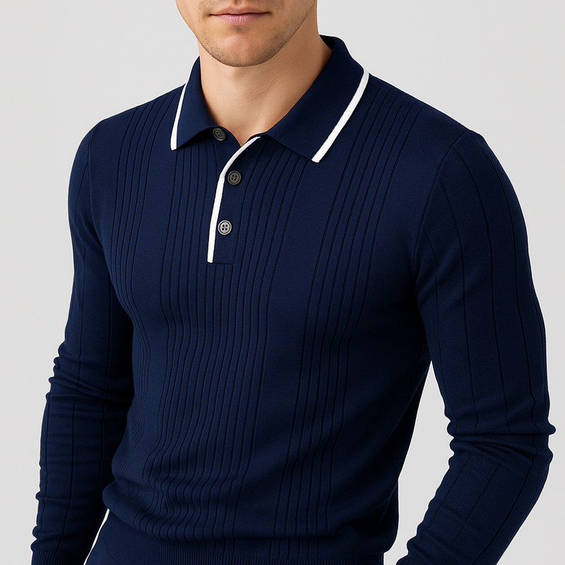 Men's Fine-Rib Long-Sleeve Polo, Contrast-Trim Collar Knit