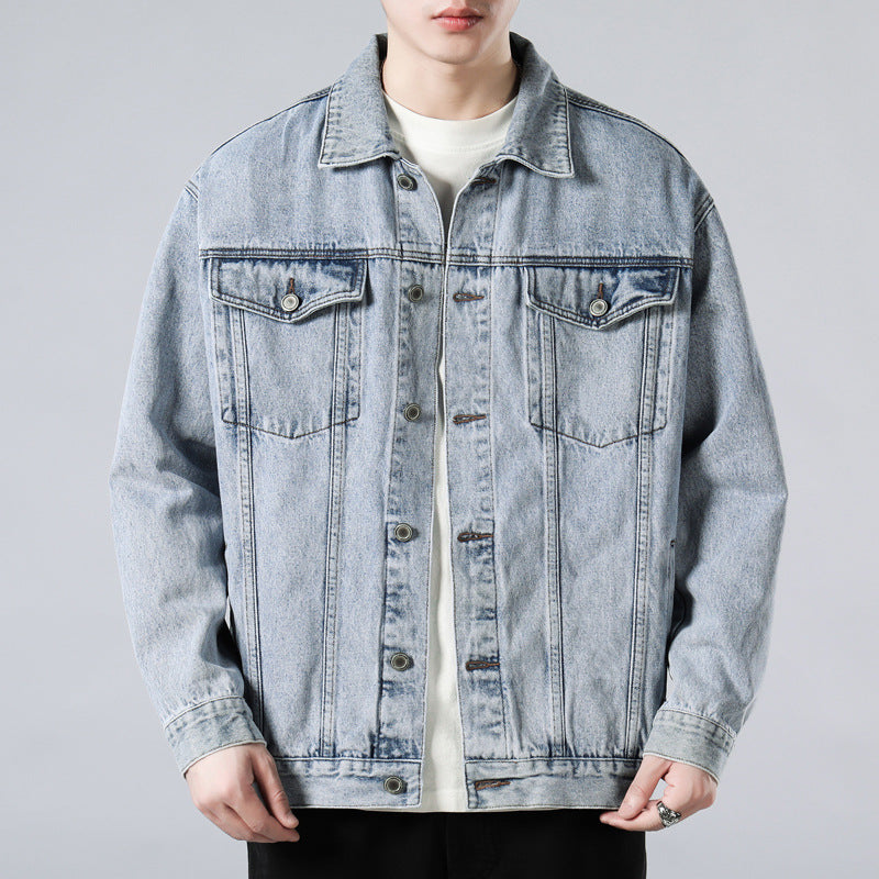 Men's Vintage-Wash Denim Trucker Jacket, Boxy Chest-Pocket Coat