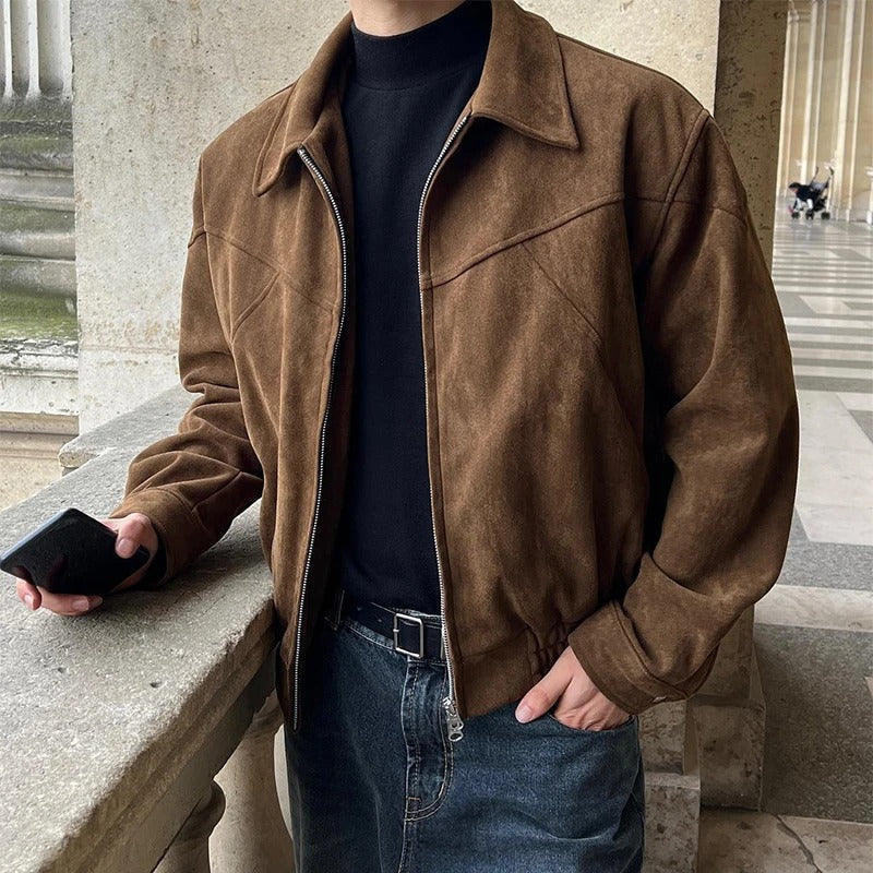 Men's Suede Bomber Outerwear Jacket, Autumn Ribbed Seasonal Coat