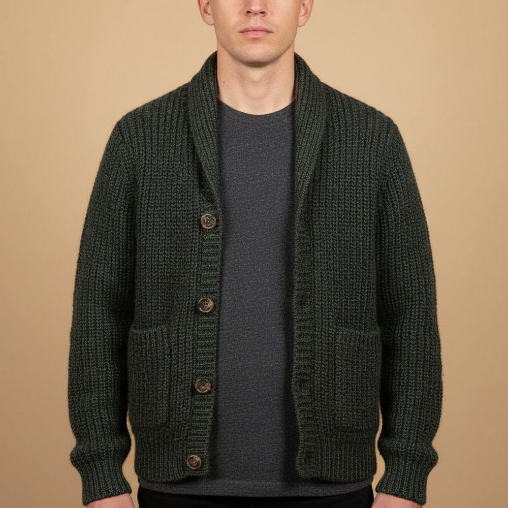 Men's Heavy Rib Cardigan, Stand Shawl Collar and Deep Patch Pockets