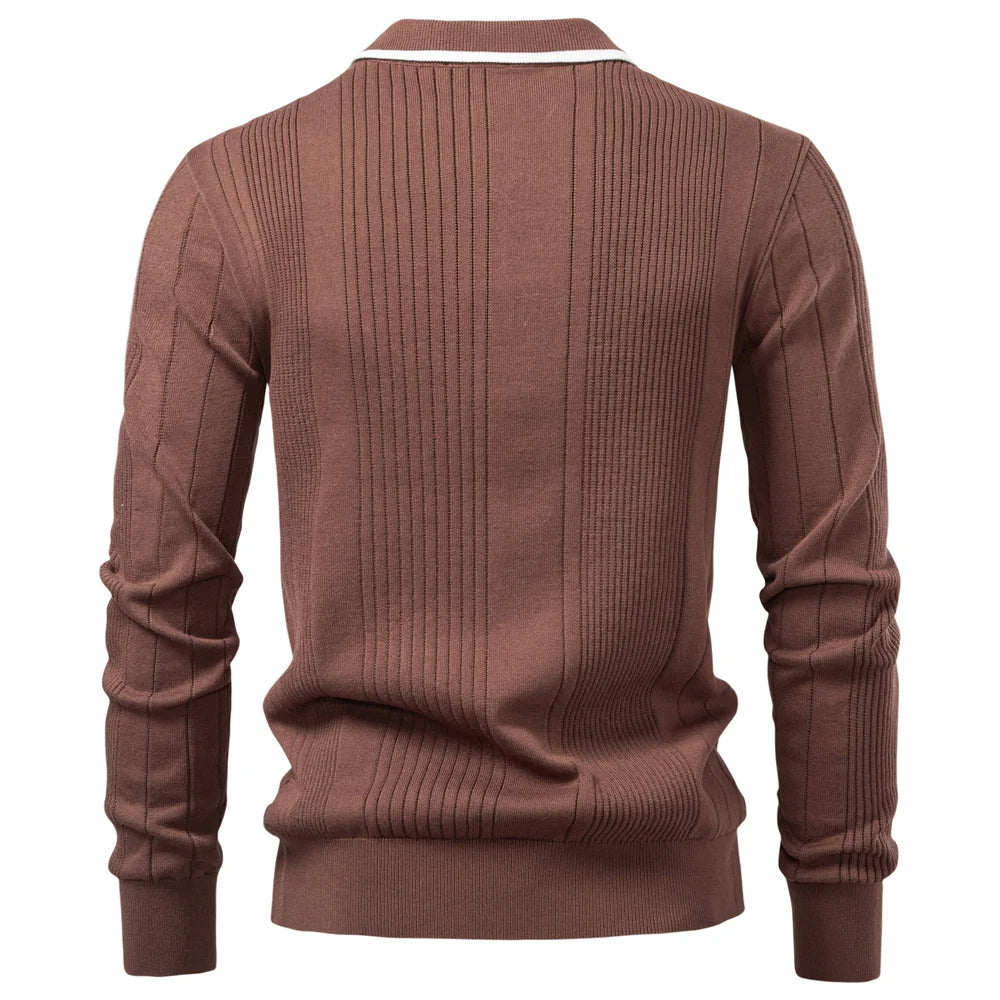 Men's Fine-Rib Long-Sleeve Polo, Contrast-Trim Collar Knit