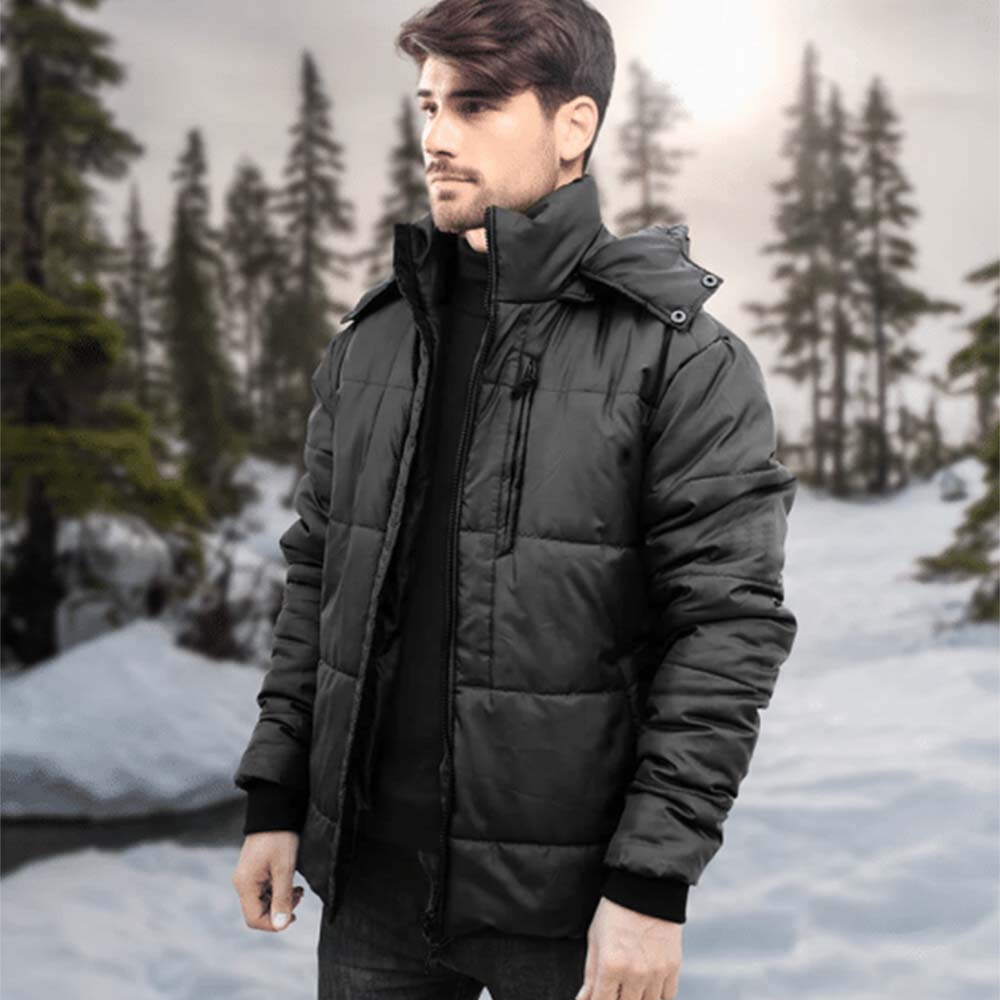 Men's Baffle Puffer Jacket, Detachable Plush-Lined Hood
