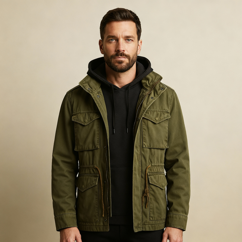 Men's Woven Field Jacket, Drawcord-Waist Four-Pocket Shell
