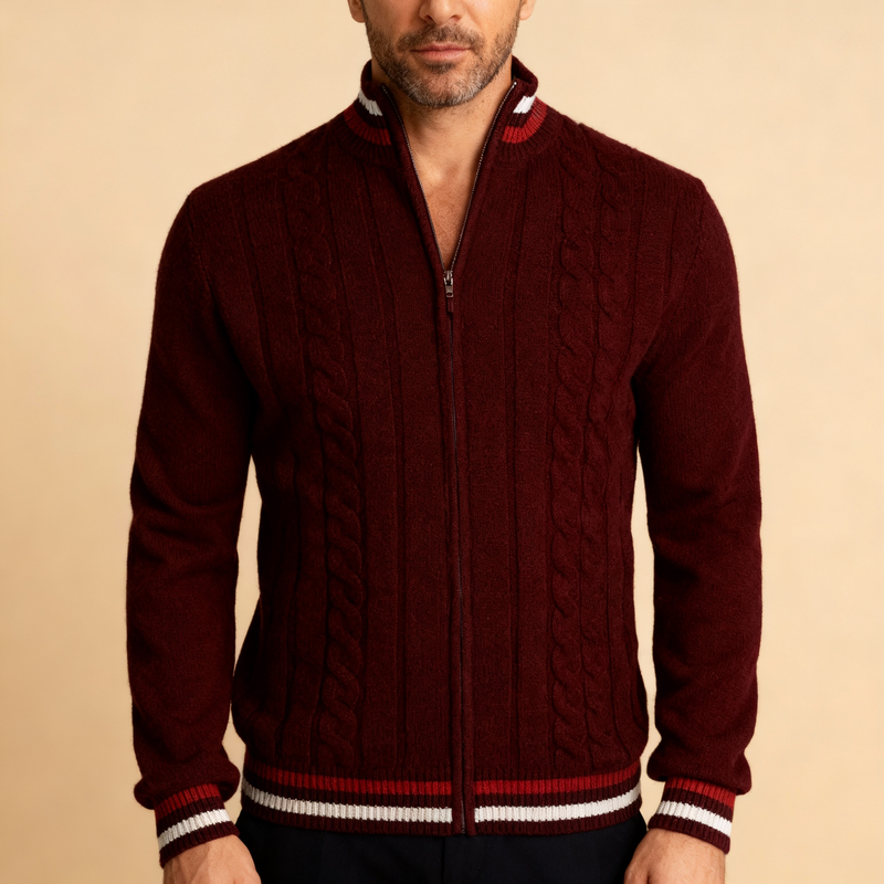 Men's Cable-Knit Quarter-Zip Sweater, Contrast-Stripe Stand Collar
