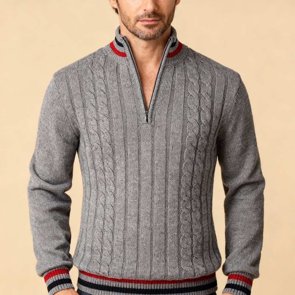 Men's Cable-Knit Quarter-Zip Sweater, Contrast-Stripe Stand Collar