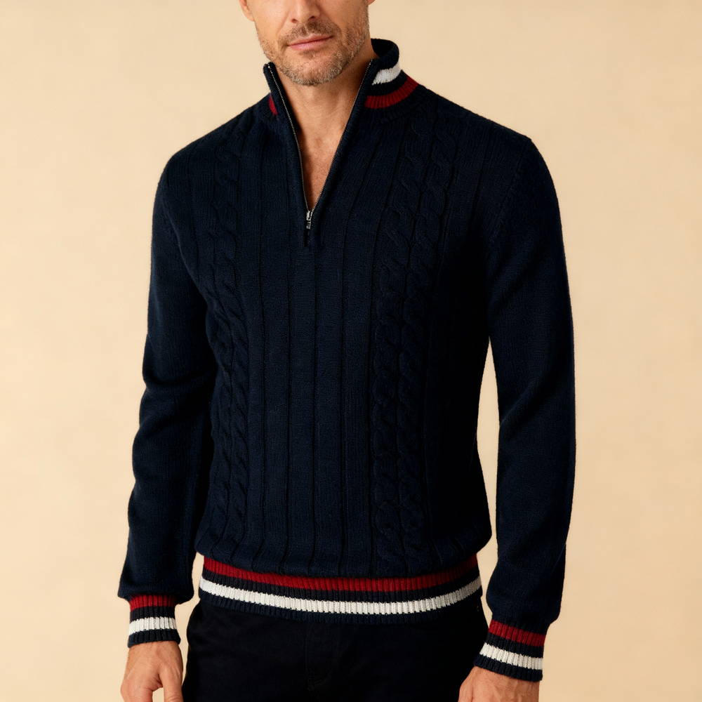 Men's Cable-Knit Quarter-Zip Sweater, Contrast-Stripe Stand Collar
