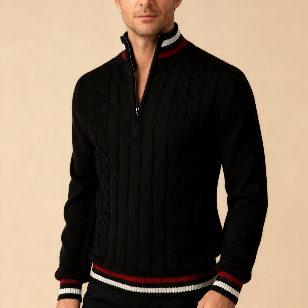 Men's Cable-Knit Quarter-Zip Sweater, Contrast-Stripe Stand Collar