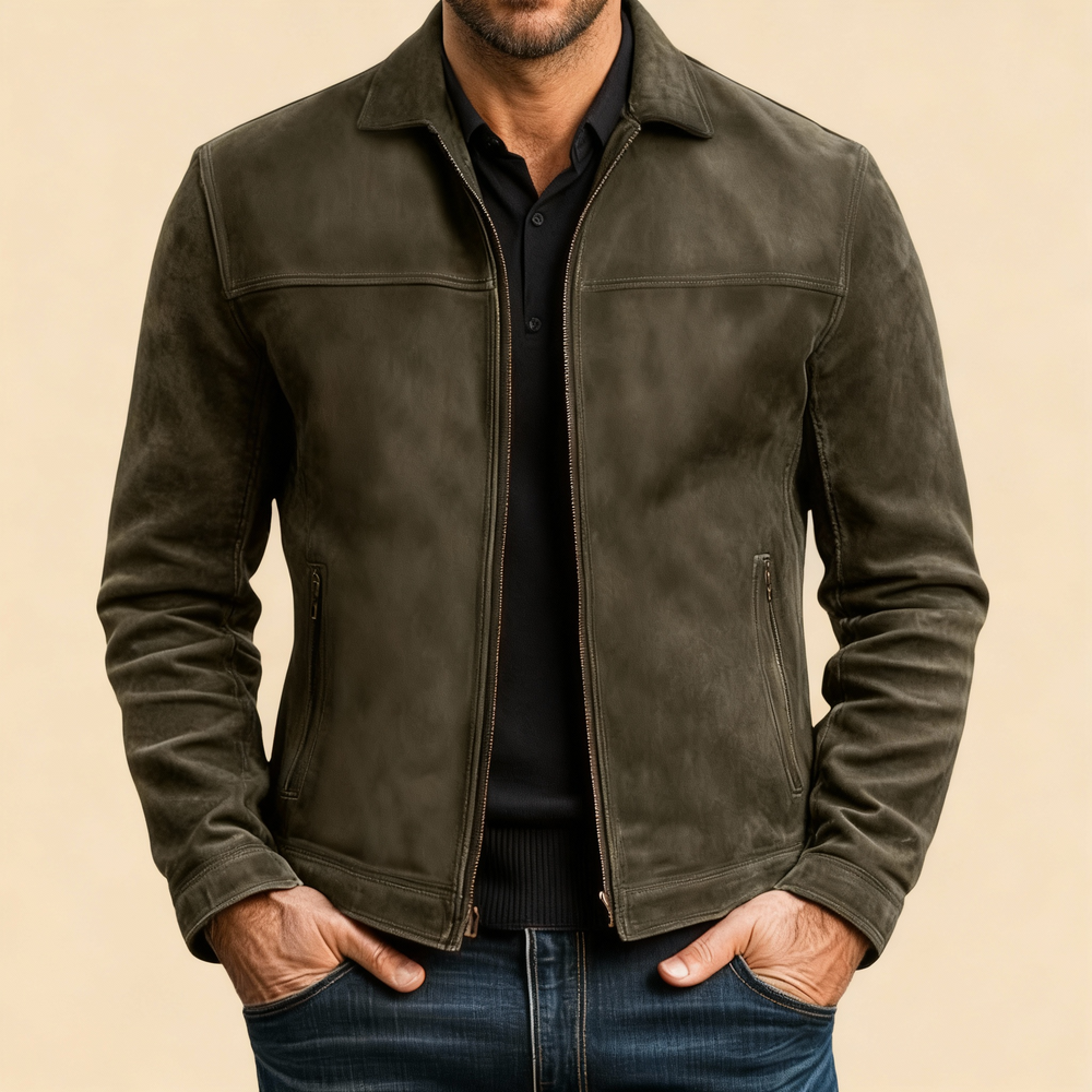 Men's Faux-Suede Collared Jacket, Zip-Front Hip-Length Shell