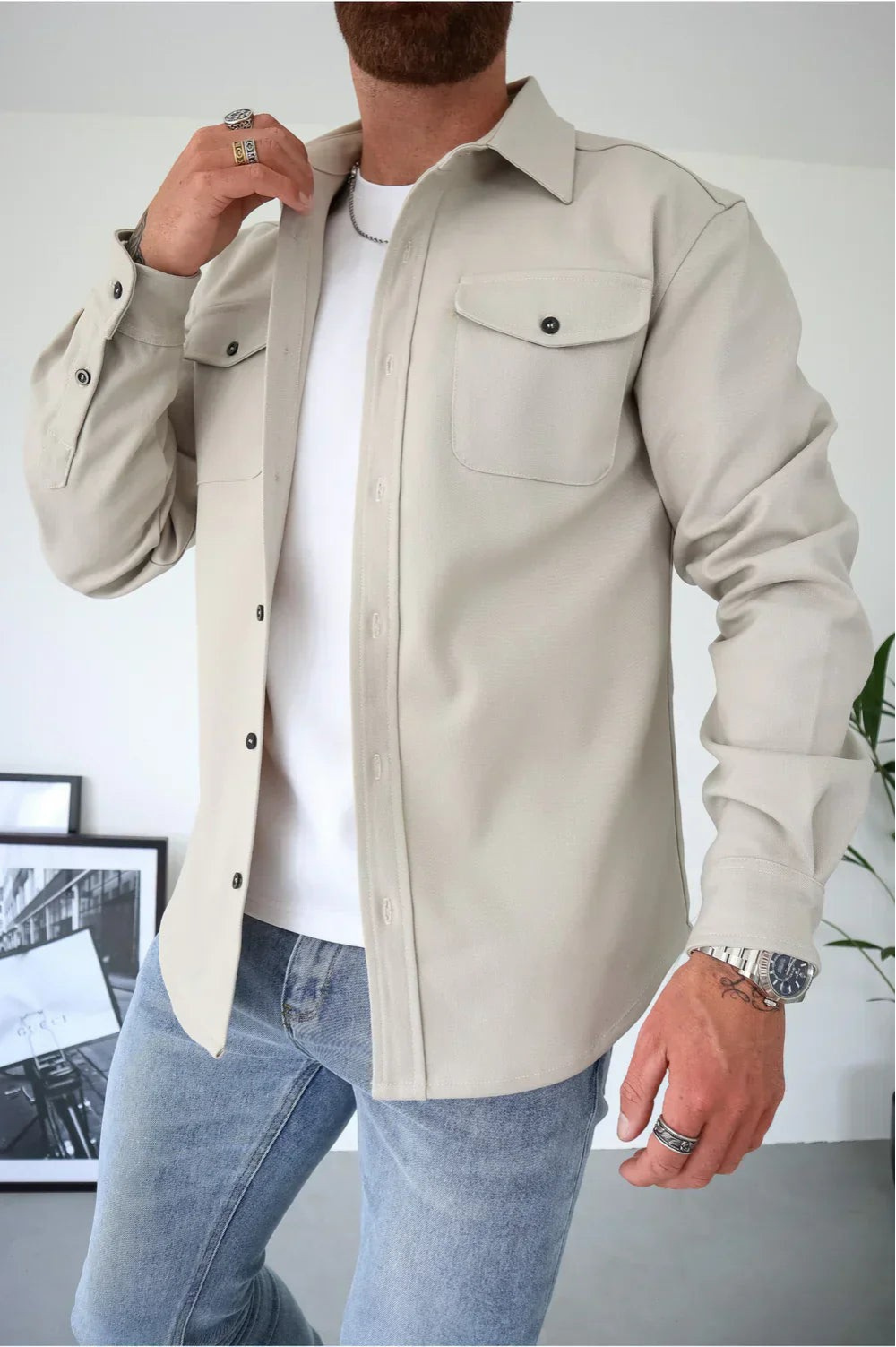 Men's Brushed Woven Overshirt, Two-Pocket Button-Front Shirt Jacket