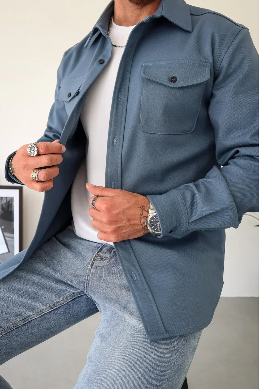 Men's Brushed Woven Overshirt, Two-Pocket Button-Front Shirt Jacket