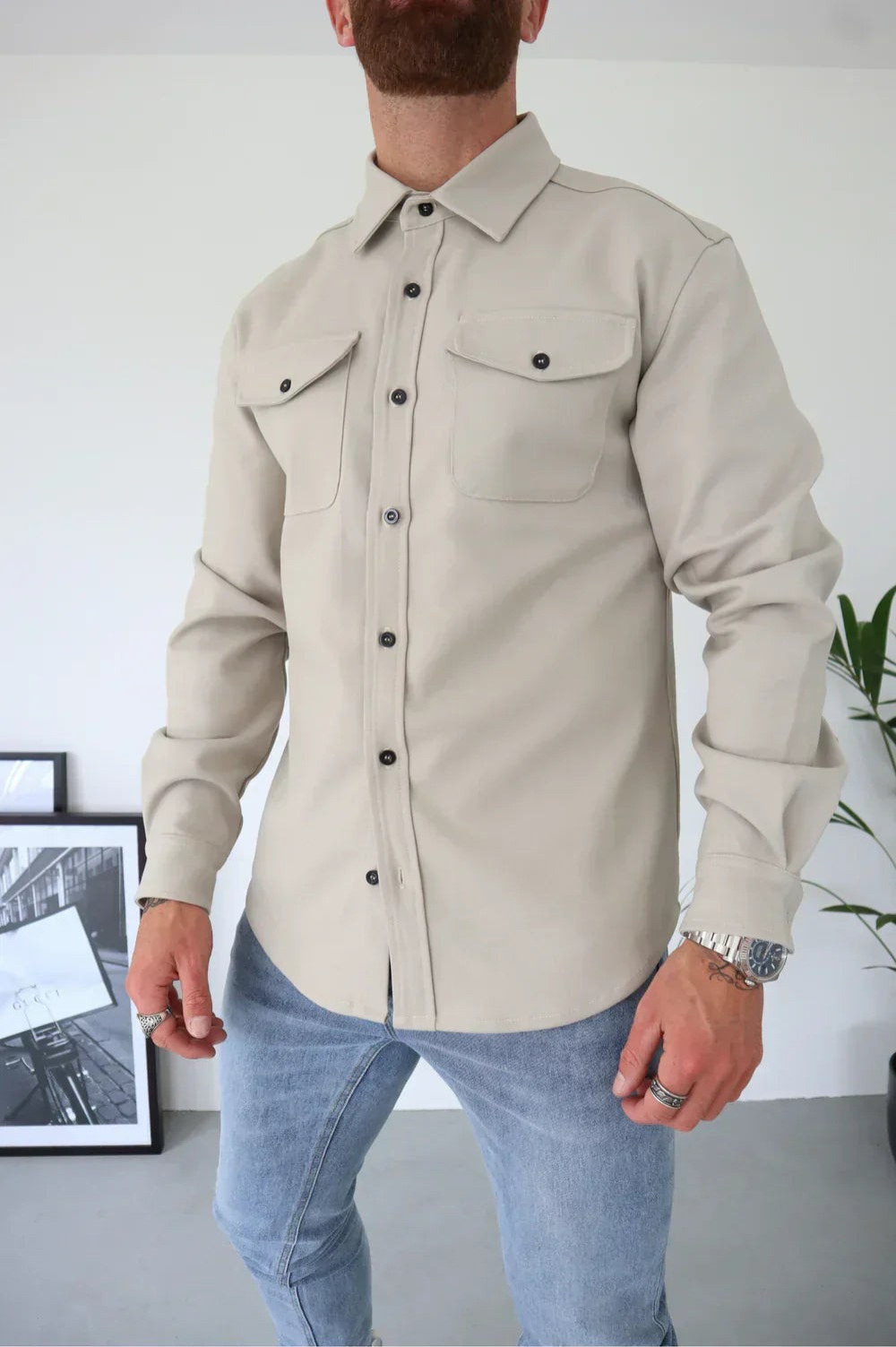 Men's Brushed Woven Overshirt, Two-Pocket Button-Front Shirt Jacket